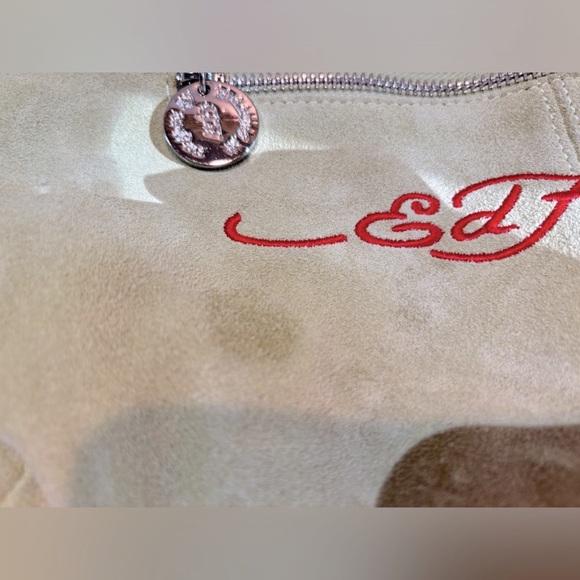 Y2K Ed Hardy LOVE Green Leather‎ Suede Fringe Shoulder Handbag with Crystal Rose - Picture 11 of 15